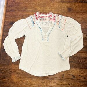 Free People white Embroidered Long-Sleeve Blouse